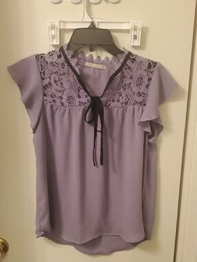 FREE W/ ANY $4 PURCHASE Active USA Lavender Lace Yoke Tie-Neck Blouse